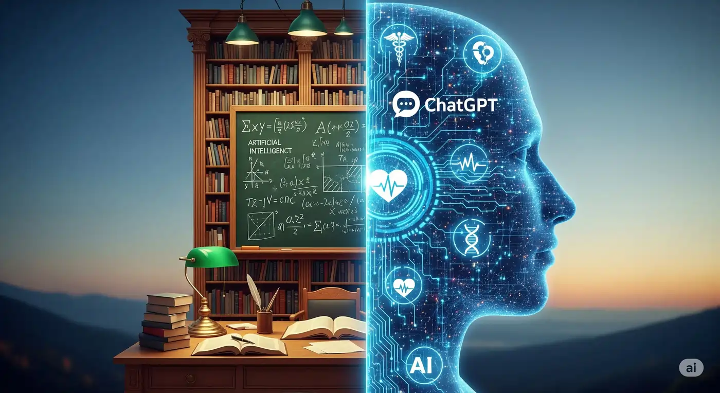 A person at a crossroads choosing between a university for a Masters in AI and a computer for specialized courses.
